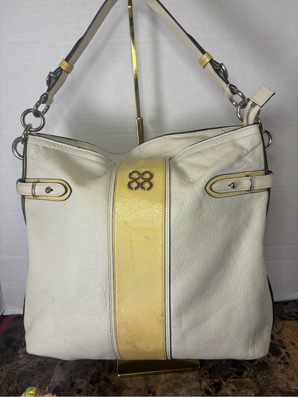 Coach and Four Cream Leather Shoulder Bag with Yellow Center Stripe